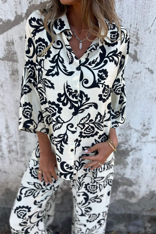 Kathiadress Spring and Summer Printed Shirt Long Pants Two-piece Suit