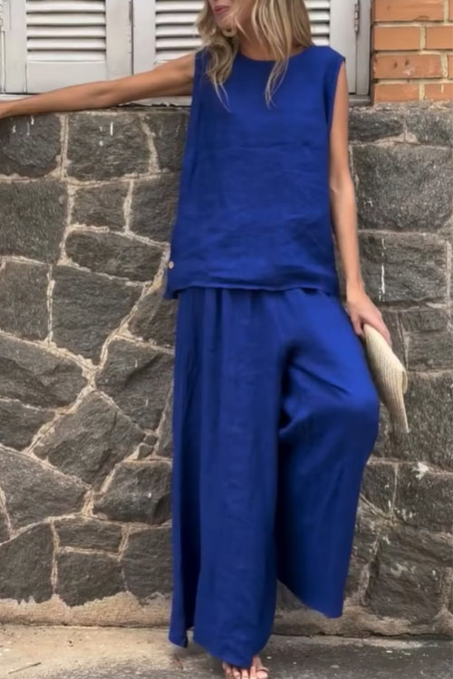 Kathiadress Loose Solid Color Cotton Linen Sleeveless Pants Two-piece Set