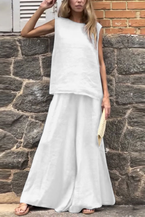 Kathiadress Loose Solid Color Cotton Linen Sleeveless Pants Two-piece Set