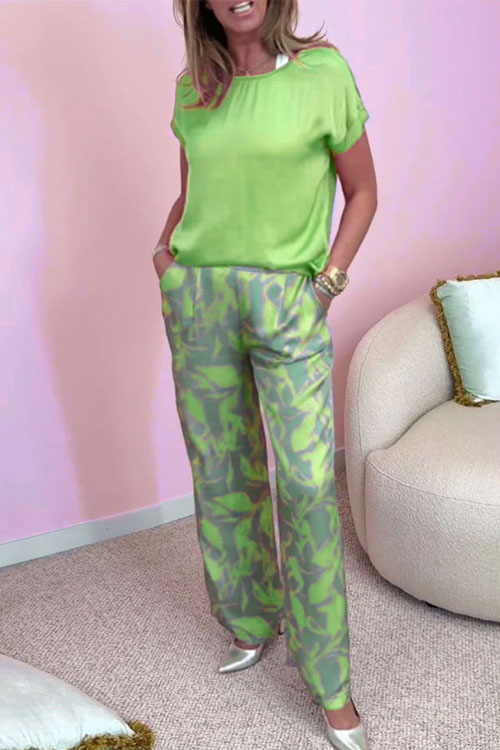 Kathiadress Casual Round Neck Short Sleeve Top Printed Pants Set