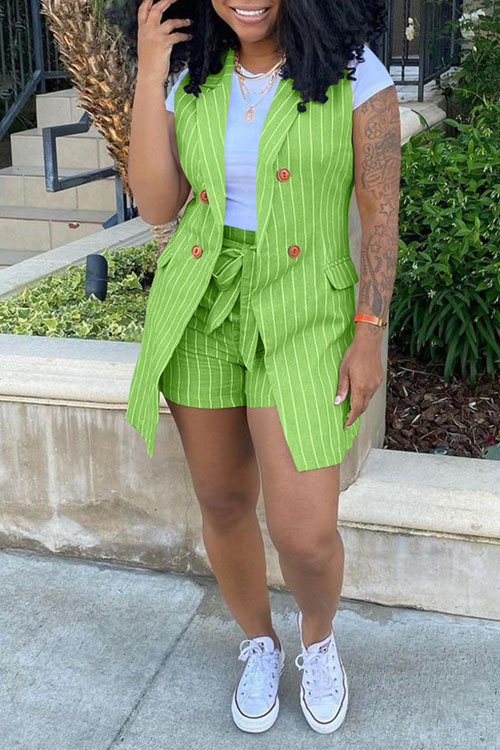 Kathiadress Striped Vest Jacket OL Office Two-piece Set (With Belt)