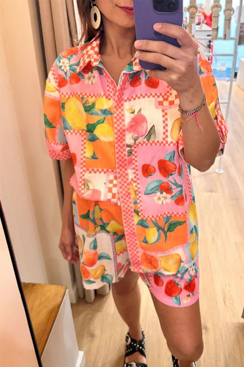 Kathiadress Fruit Printed Pocket Loose Short Sleeve Set