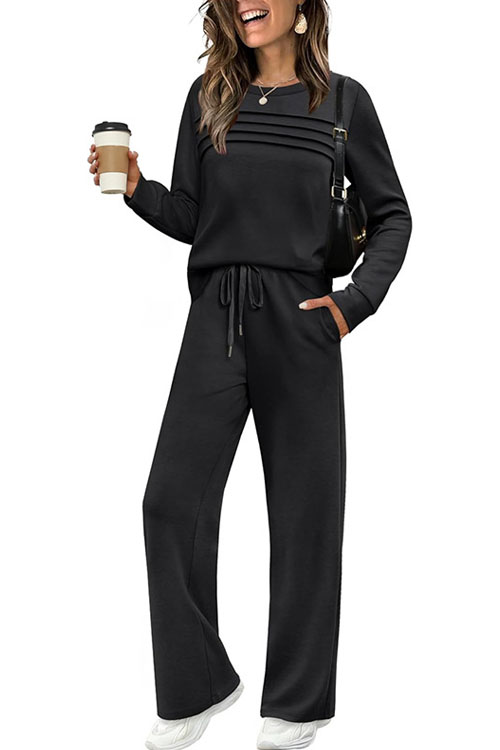 Kathiadress Round neck top, casual elastic waist trousers two pieces