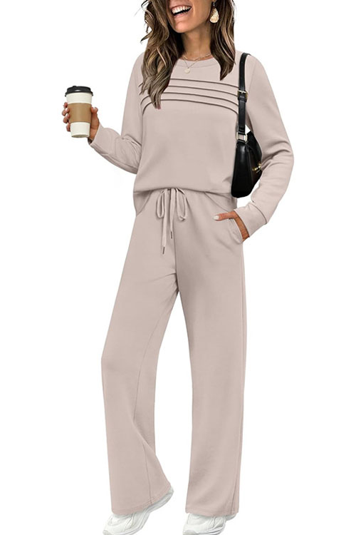 Kathiadress Round neck top, casual elastic waist trousers two pieces