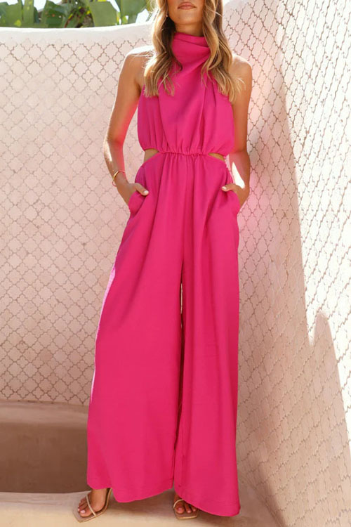 Kathiadress Vacation Style Hanging Neck Pocket Lace-Up One-piece Wide Leg Pants