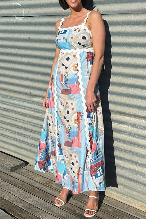 Kathiadress Halter Printed Lace Patchwork Dress