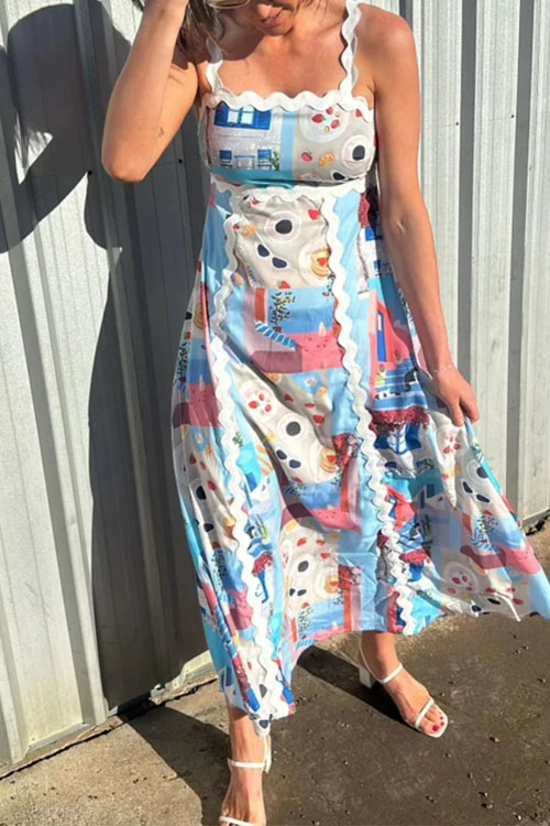 Kathiadress Halter Printed Lace Patchwork Dress