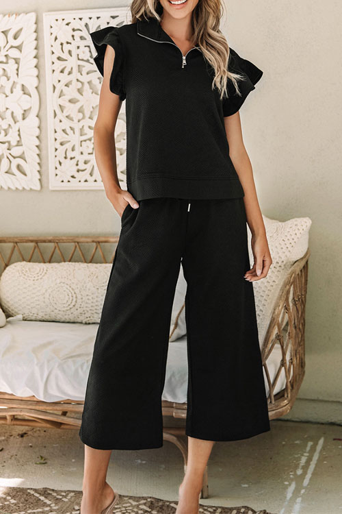 Kathiadress Ruffled Three-quarter Sleeve Cropped Pants Two-piece Set