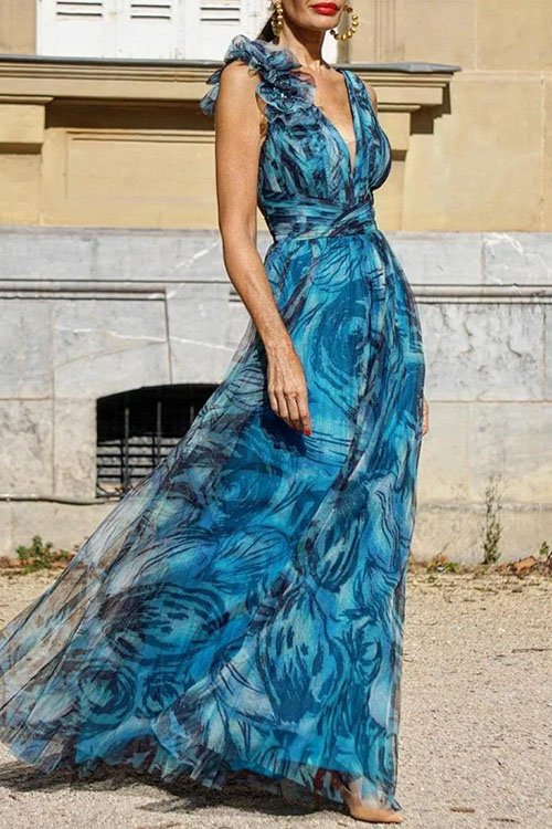Kathiadress Floral Print Blue Swing Dress