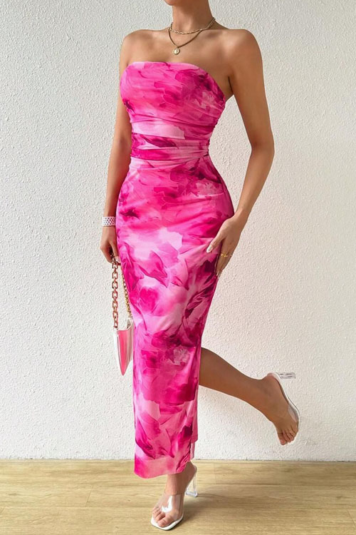 Kathiadress Mesh Floral Pleated Split Sheath Dress