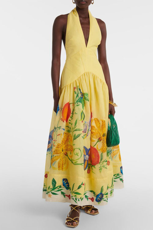 Kathiadress Flower & Fruit Neckline Backless Linen Dress