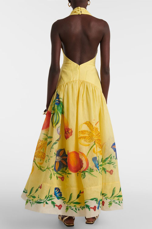 Kathiadress Flower & Fruit Neckline Backless Linen Dress