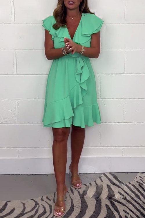 Kathiadress V-neck Waist-slimming Skirt Ruffle Solid Color Dress