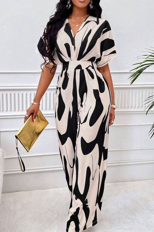 Kathiadress Printed Batwing Sleeve Wide Leg Jumpsuit