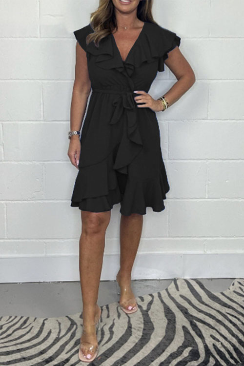 Kathiadress V-neck Waist-slimming Skirt Ruffle Solid Color Dress