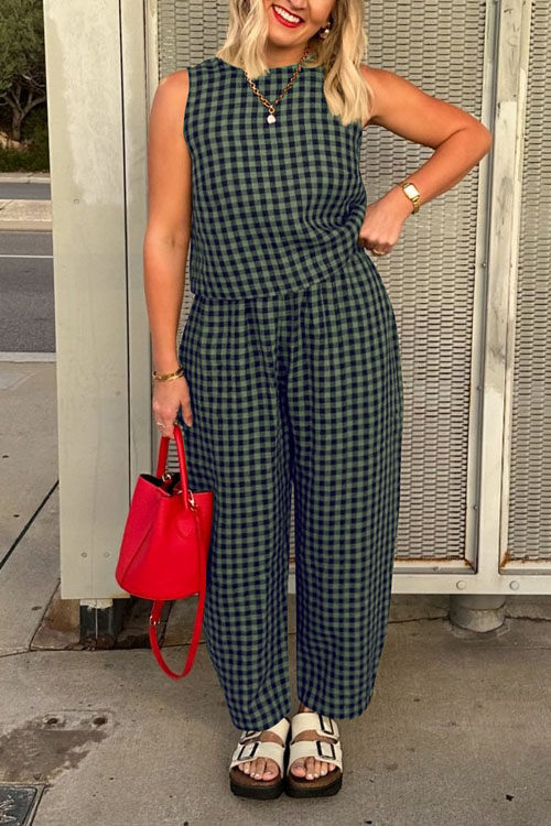 Kathiadress Plaid loose casual vest and trousers set