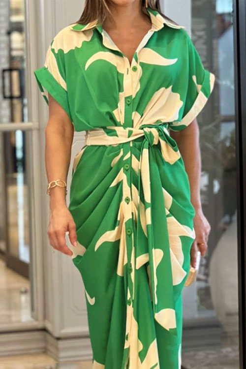 Kathiadress Printed High-waisted Lace-up Shirt Dress