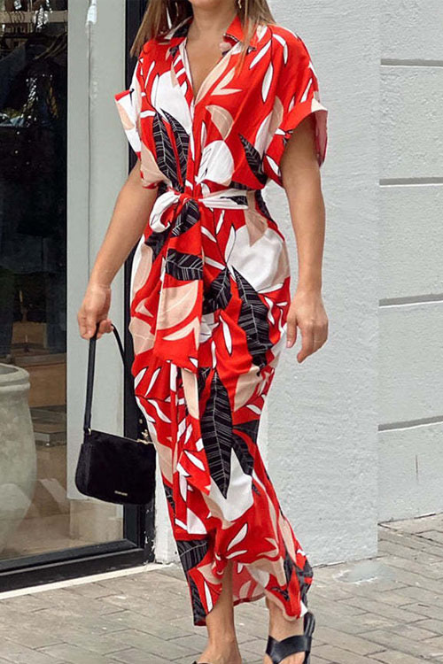 Kathiadress Printed High-waisted Lace-up Shirt Dress