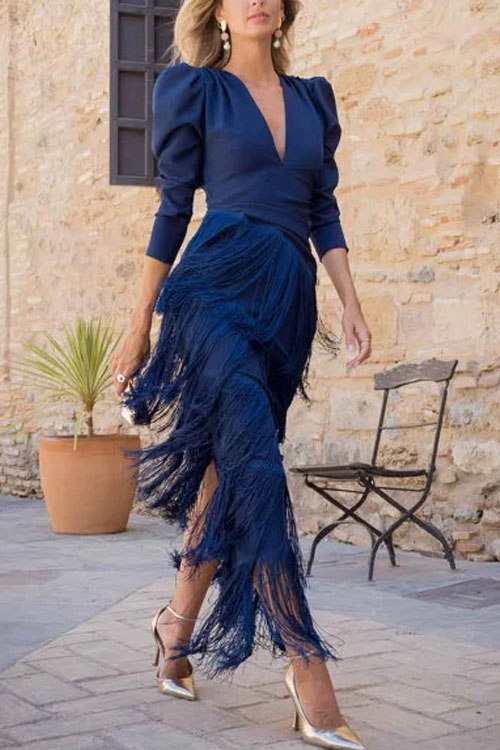 Kathiadress Deep V-neck tassel fitted long dress