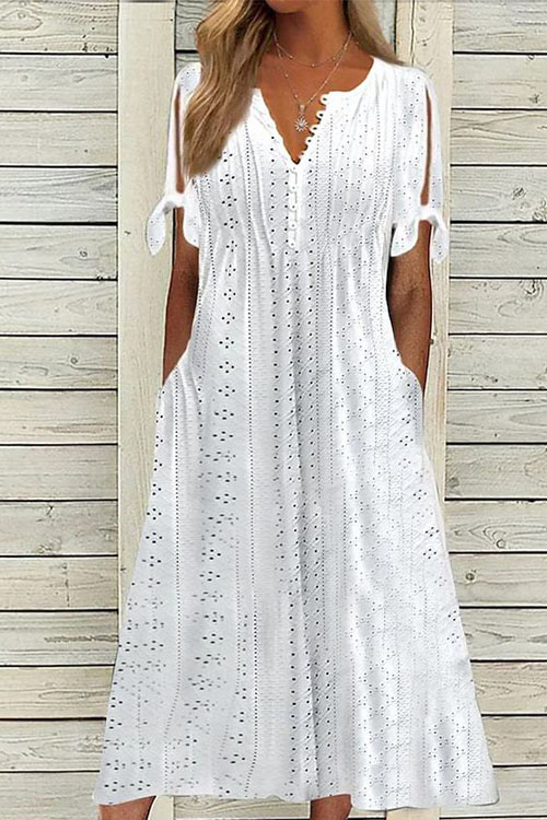 Kathiadress Hollowed-out V-neck Lace Ruffle Dress