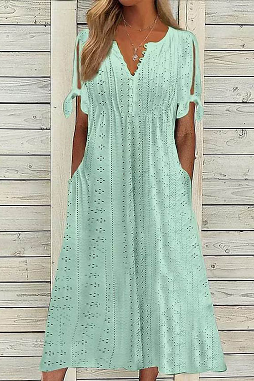 Kathiadress Hollowed-out V-neck Lace Ruffle Dress