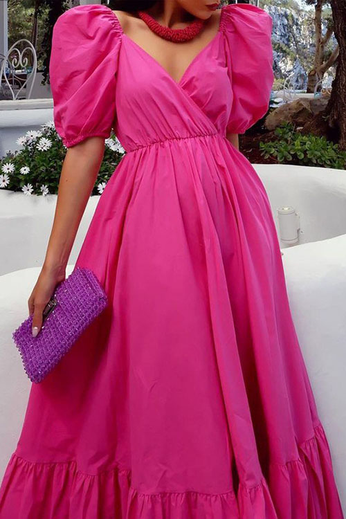 Kathiadress Bubble Sleeve Solid Color Swing Dress
