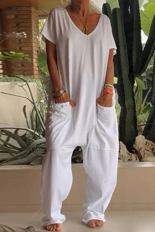 Kathiadress Solid Color V-Neck Oversized Pocket Low Rise Jumpsuit