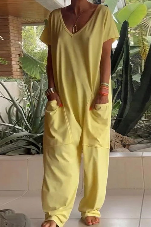 Kathiadress Solid Color V-Neck Oversized Pocket Low Rise Jumpsuit
