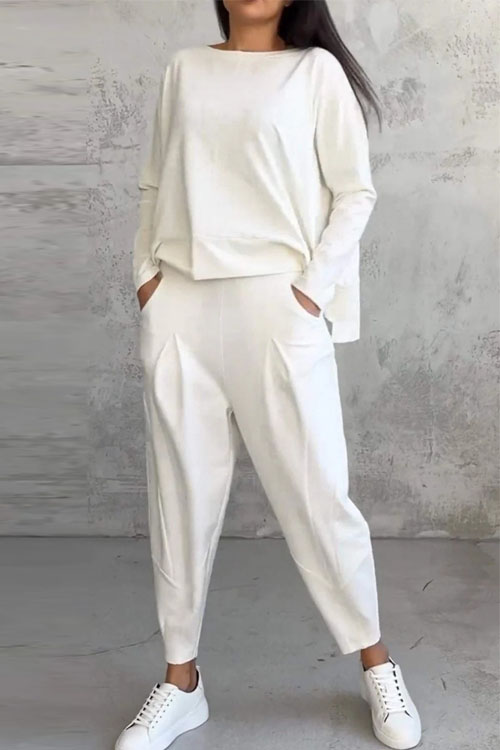 Kathiadress Solid Color Round Neck Long Sleeve Pocket Pants Set