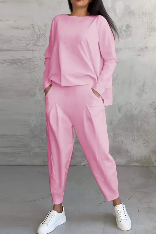 Kathiadress Solid Color Round Neck Long Sleeve Pocket Pants Set