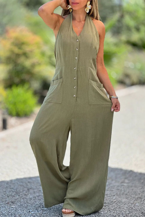 Kathiadress Backless Sleeveless Loose Cotton Lace-Up Jumpsuit