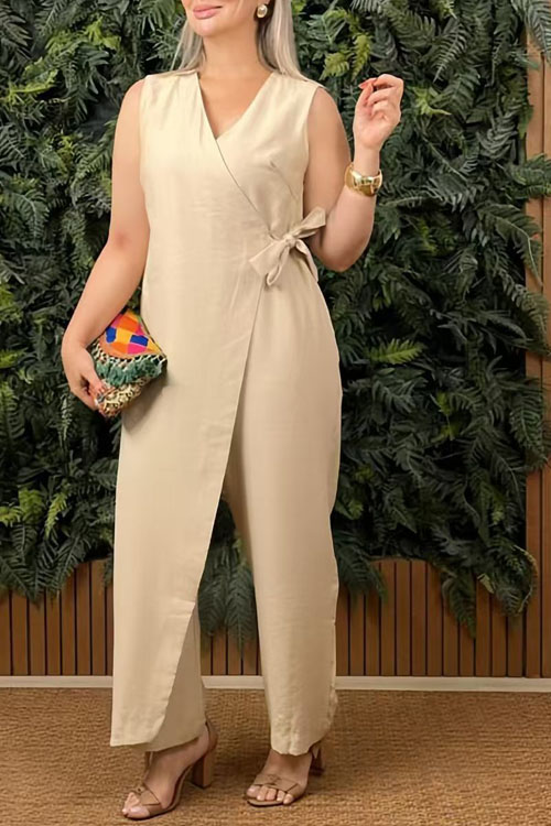 Kathiadress Solid Color Casual V-Neck Strappy Jumpsuit