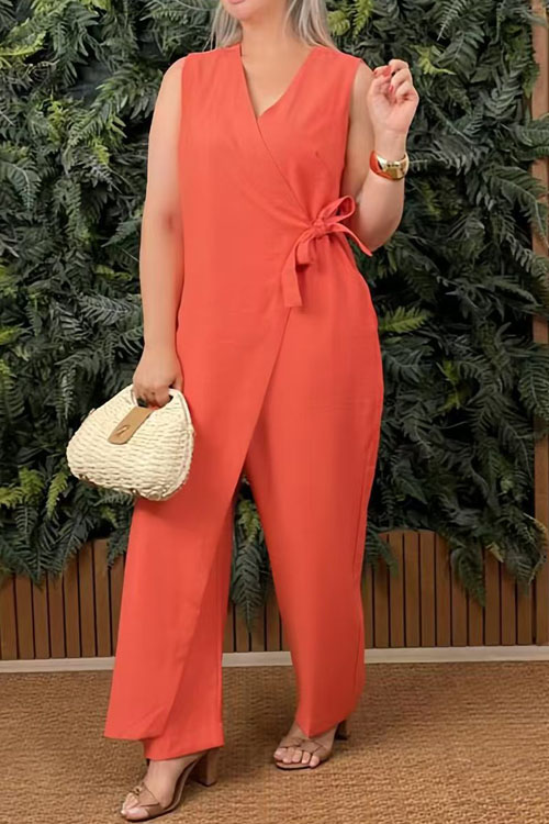 Kathiadress Solid Color Casual V-Neck Strappy Jumpsuit