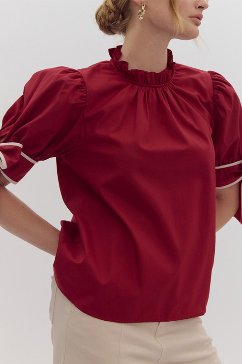 Kathiadress Satin Ruffle Neckline Bow Tie Cuff Top
