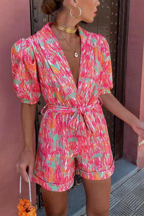 Kathiadress Deep V-neck Bubble Sleeve Elastic Waist Pocket Shorts Jumpsuit