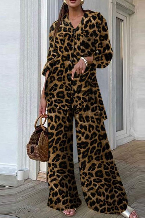  Kathiadress Leopard Print Top and Pants Casual Loose Suit Set