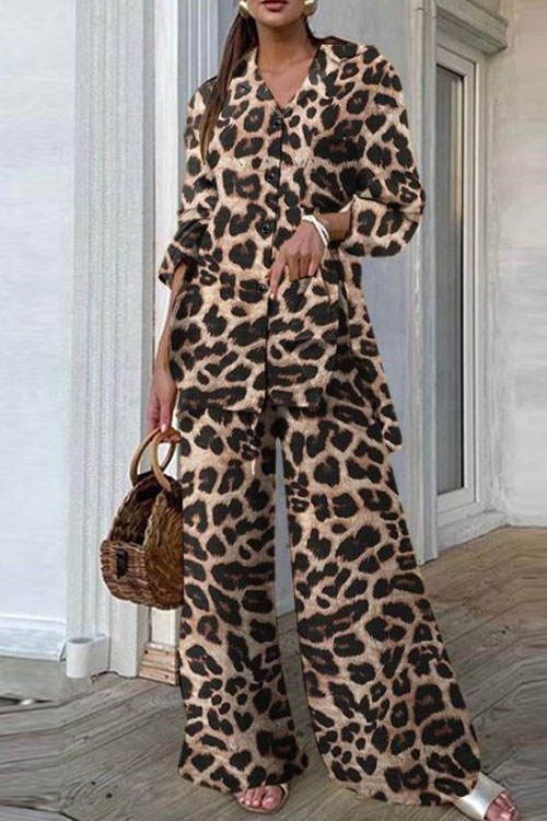  Kathiadress Leopard Print Top and Pants Casual Loose Suit Set