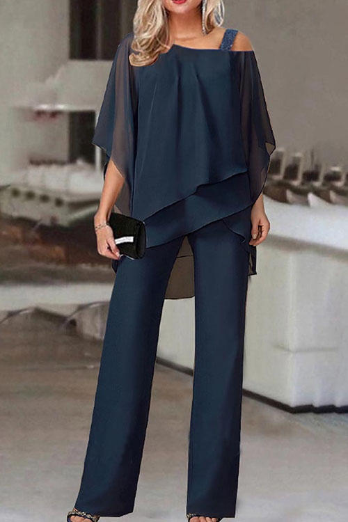 Kathiadress Solid Color Loose Casual Batwing Sleeve Irregular Suit Set