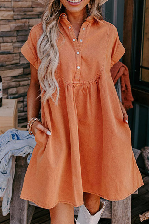 Kathiadress Cotton Tie Pleated Double Side Pockets Button Dress 