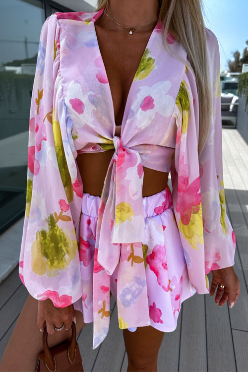 Kathiadress Ruched Lantern Sleeve V-neck Blouse with Elastic Waist Shorts Set
