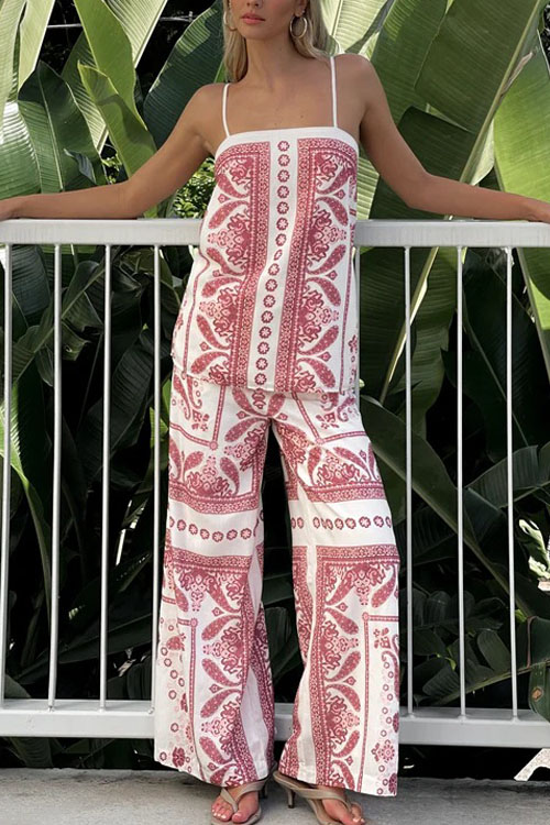 Kathiadress Printed Loose Cami Top & Wide Leg Straight Pants Set