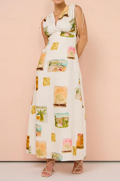 Kathiadress V-neck Ramie Tie High Waist Dress