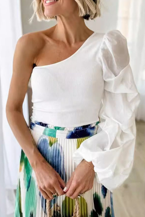 Kathiadress One Shoulder Mesh Patchwork Irregular T-Shirt