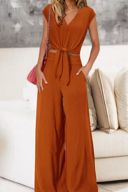 Kathiadress V-neck Belted Short Top Wide-leg Pants Set