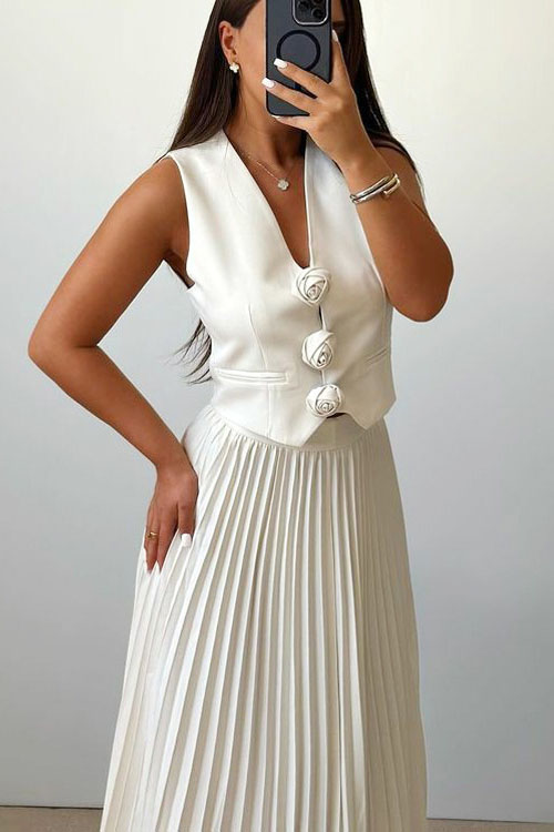 Kathiadress Floral Vest Half Body Pleated Skirt Two Piece Set