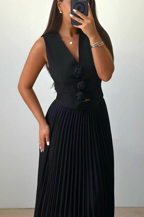 Kathiadress Floral Vest Half Body Pleated Skirt Two Piece Set