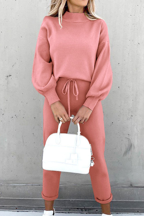 Kathiadress High Neck Casual Solid Color Long Pants Two-piece Set