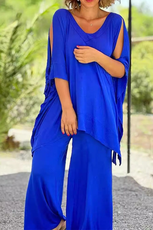 Kathiadress Lace-up V-neck Five-quarter Sleeve Loose Solid Color Trouser Wide-leg Suit