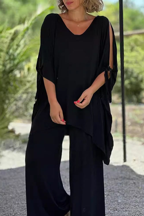 Kathiadress Lace-up V-neck Five-quarter Sleeve Loose Solid Color Trouser Wide-leg Suit