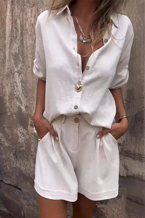 Kathiadress Cotton Linen Short Sleeve Shorts Casual Suit